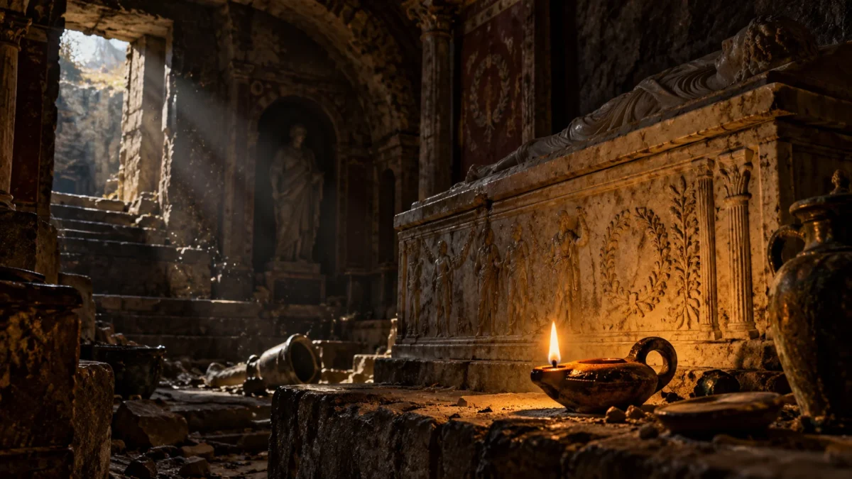 Wieczna lampa w starożytnym rzymskim grobowcu obok marmurowego sarkofagu