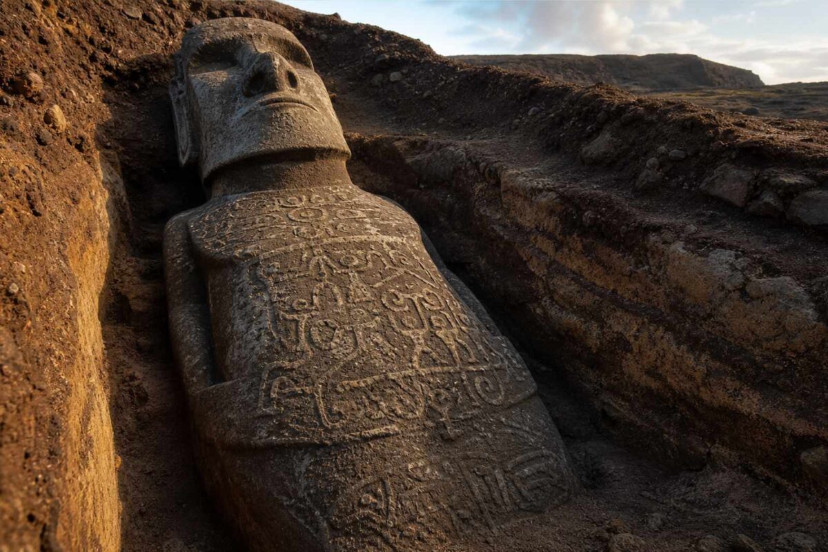 Rząd posągów Moai na Wyspie Wielkanocnej o zachodzie słońca